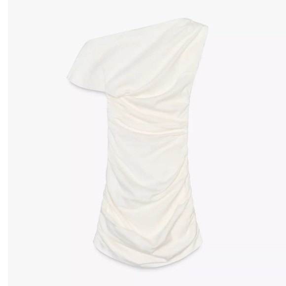 Zara NWT white mini dress asymmetrical draped off shoulder ruched dress - Picture 9 of 12